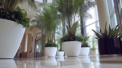 Poster - Several potted plants arranged within a modern light filled hallway