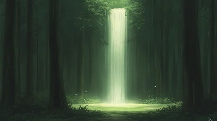 Poster - A serene waterfall cascades amidst tall trees in a lush green forest