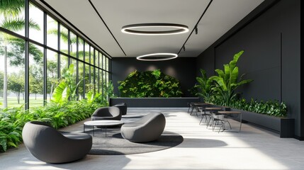 Poster - Modern open space interior features natural light and green foliage