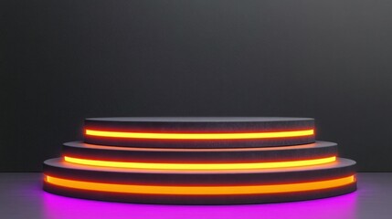 Poster - A three tiered illuminated circular display platform on a reflective surface