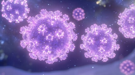 Poster - Several illuminated viruses float in a dark and abstract background