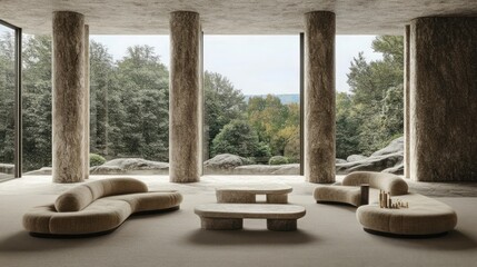 Poster - An interior room with natural stone decor and a natural view
