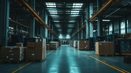 Aufkleber - A large industrial warehouse filled with cardboard boxes and pallets