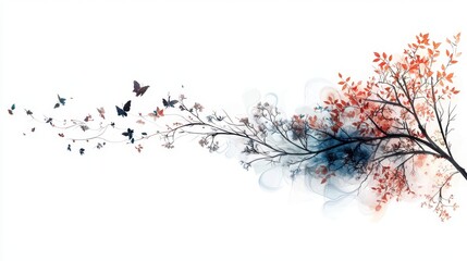 Poster - Abstract Botanical Illustration with Colorful Branch and Butterflies Against White Background