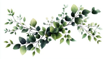 Poster - Illustrated Botanical Branch with Delicate Green Leaves on White Background