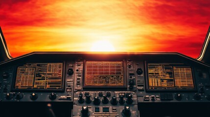 Poster - An aircrafts illuminated instrument panel is facing the vibrant sunset
