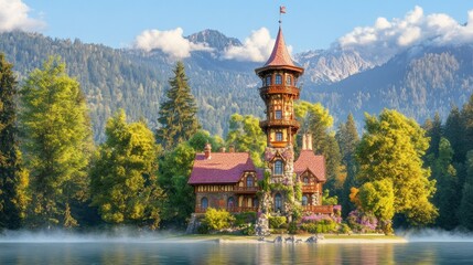 Aufkleber - A beautiful fairytale castle located on a scenic lake shore