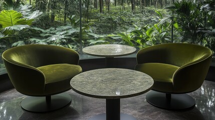 Poster - Two stylish chairs and tables facing a lush green background