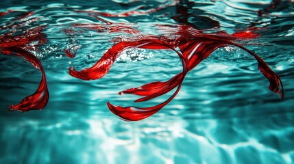Poster - Red ribbons flow gracefully beneath the shimmering aqua surface of water