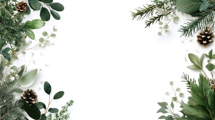 Poster - Subtle Nature Illustration with Branches and Borders Featuring Foliage and Pinecones for Elegant Designs