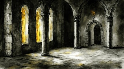 Poster - An old stone hall is dimly lit by warm natural light