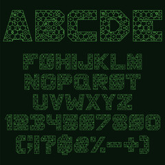 Aufkleber - Font, alphabet with green geometric shapes, hexagon, circle. Isolated vector objects on black background.