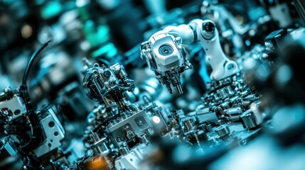 Poster - Several robotic arms with other machine components are depicted