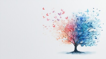 Poster - Abstract Watercolor Tree with Colorful Butterflies and Gentle Borders in Vibrant Hues