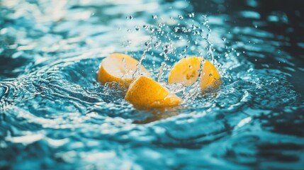 Poster - Sliced citrus fruit being splashed into clear refreshing water
