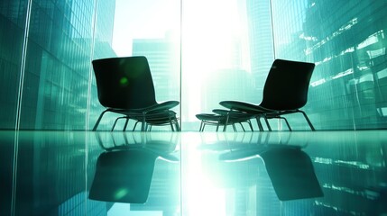 Poster - Two black chairs face each other with city buildings visible