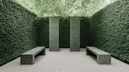 Poster - An outdoor seating area with hedges and vertical stone features
