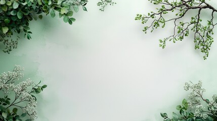 Poster - Serene Watercolor Botanical Layout Featuring Delicate Tree Branches and Lush Greenery on Soft Background
