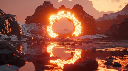 Poster - A glowing fiery portal in a mountainous landscape reflects beautifully