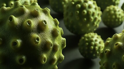 Poster - Several green spheres with various small and deep rounded cavities are shown