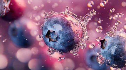 Poster - Fresh blueberries surrounded by splashing water and bokeh background