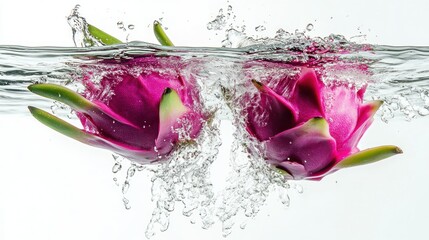 Poster - Two dragon fruits splashing into clear and transparent water