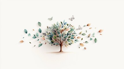 Poster - Elegant Watercolor Tree Artwork with Delicate Borders and Floating Leaves and Butterflies in Soft Colors