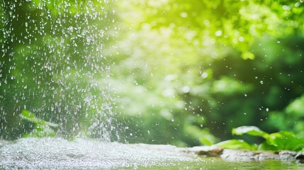 Poster - Water cascading in front of a green blurred natural background