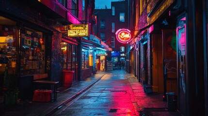 Poster - A neon lit alleyway with various shops and vibrant colors