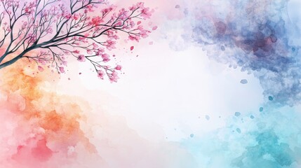 Poster - Watercolor Tree with Pastel Colored Borders and Soft Blurred Background for Artistic Design