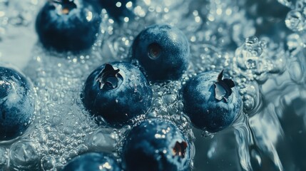 Poster - Fresh blueberries submerged in clear water with bubbly textures