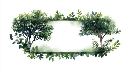 Poster - Watercolor Illustration of Trees with Soft Borders and Green Leaves Around a Blank Center Space