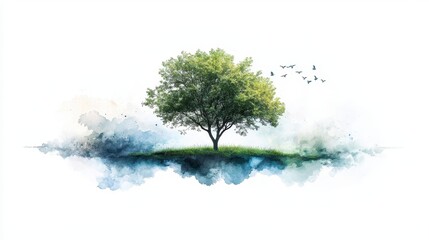 Poster - Soft Watercolor Tree Surrounded by Creative Borders and Gentle Colors in Artistic Illustration