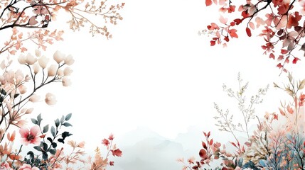 Poster - Soft Watercolor Tree and Floral Borders with Gentle Hues and Delicate Details for Artistic Backgrounds