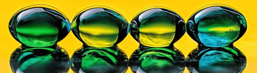 Poster - Four colorful glass spheres are arranged with reflections on a surface