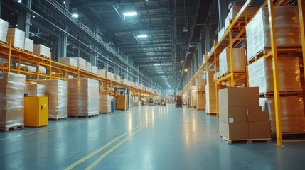 Poster - Wide perspective view inside a large industrial warehouse facility