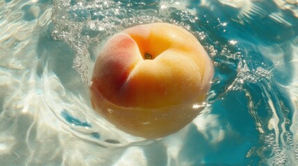 Poster - A ripe peach floating in clear blue water with movement