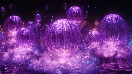 Poster - Illuminated purple spheres emerge from shimmering water in the darkness