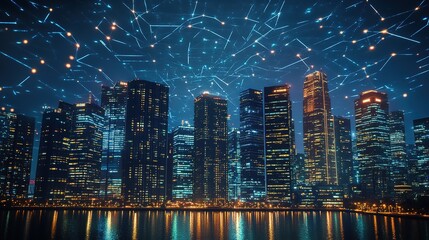 Poster - city with skyscrapers view, digital data stream connecting concept, smart urban development. advanced network technology , Full HD, 32k Resolution
