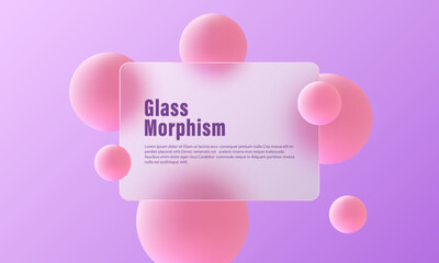 Poster - glass morphism website landing page template. panel made of transparent material with 3d spheres.