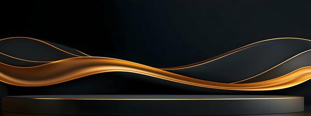 Poster - Minimalist black background with a golden line and a round podium for product presentation