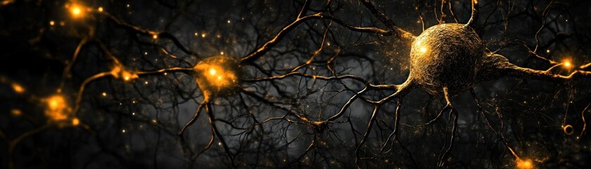 Poster - Illuminated microscopic neurons displaying interconnected neuronal networks and fibers