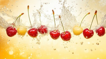 Poster - Fresh cherries submerged in water with droplets and splashes shown