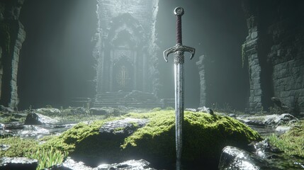 Poster - A majestic sword stands before an ancient overgrown stone structure