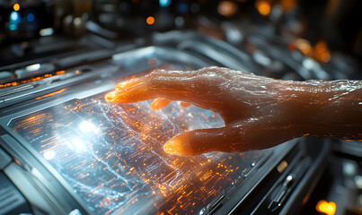 Poster - Futuristic hand interacts with glowing, intricate digital interface