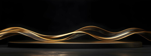 Poster - Minimalist black background with a golden line and a round podium for product presentation