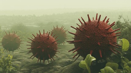 Poster - Several large red spherical objects sit within a natural setting