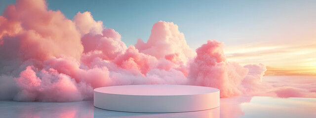 Poster - A podium surrounded by clouds, with pink color background