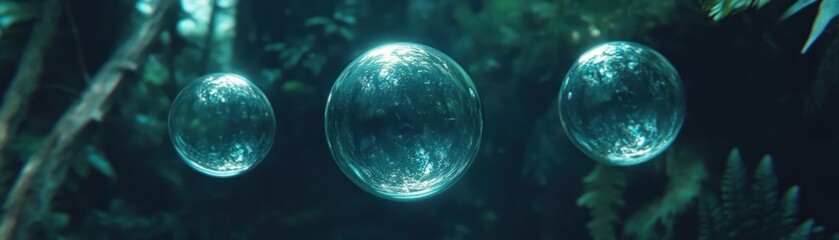 Aufkleber - Three Glowing Spheres Float Amidst Green Foliage in Nature