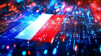 abstract french flag digital circuit board technology background red blue data glow white light line